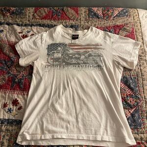 Harley-Davidson White Tee with Flag and Motorcycle